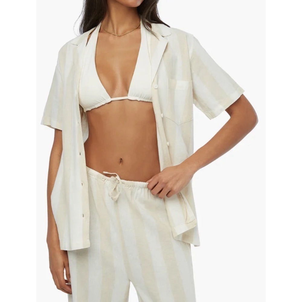 WEWOREWHAT Tan + White Stripe Boxy Linen Overshirt
